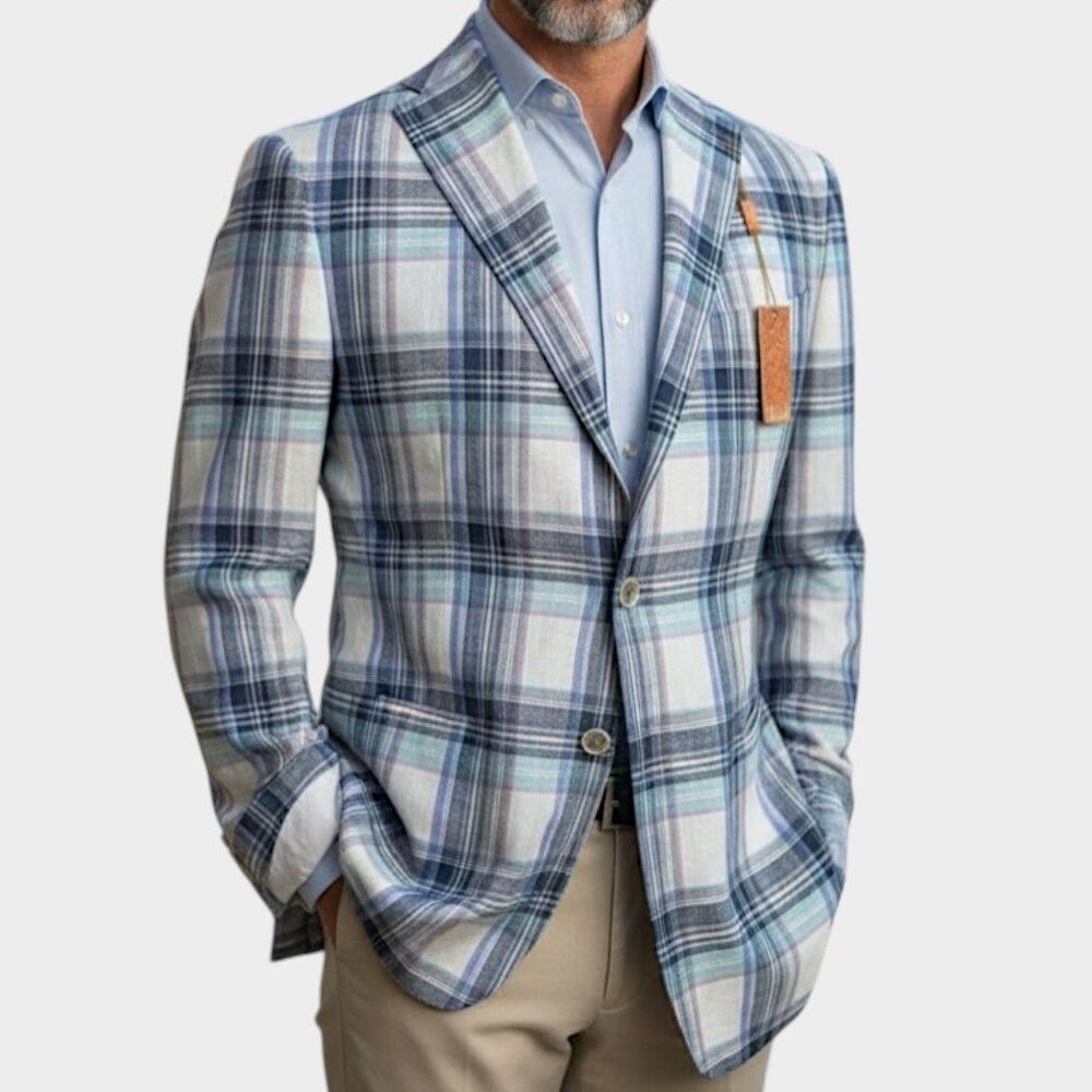 TALLIA Mens Blazer Sport Coat Two Button Suit Jacket 48R LINEN Blue/Navy Plaid - Picture 2 of 8
